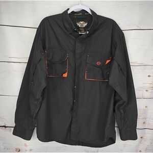 Harley Davidson Mens Large Black Orange Snap Front Utility Performance Shirt L